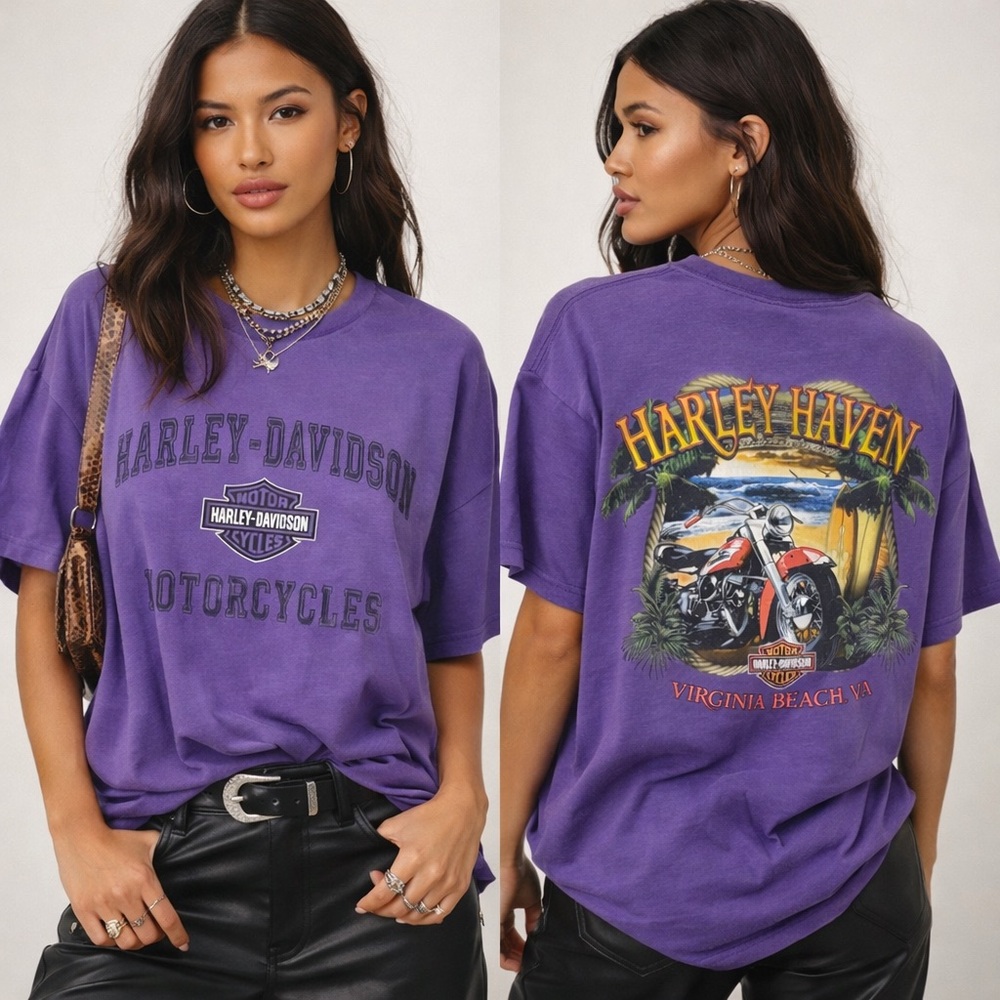 Harley Davidson Purple Graphic Tee Virginia Beach Y2K Biker Shirt